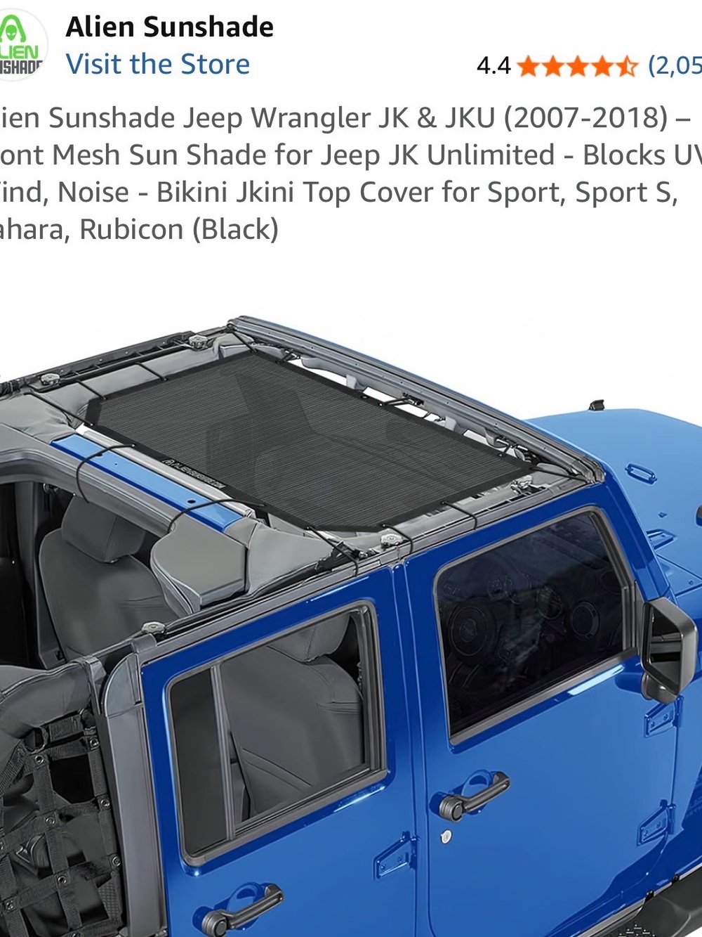 Alien Sunshade Mesh Sun Shade for Jeep with Open Roof - Black